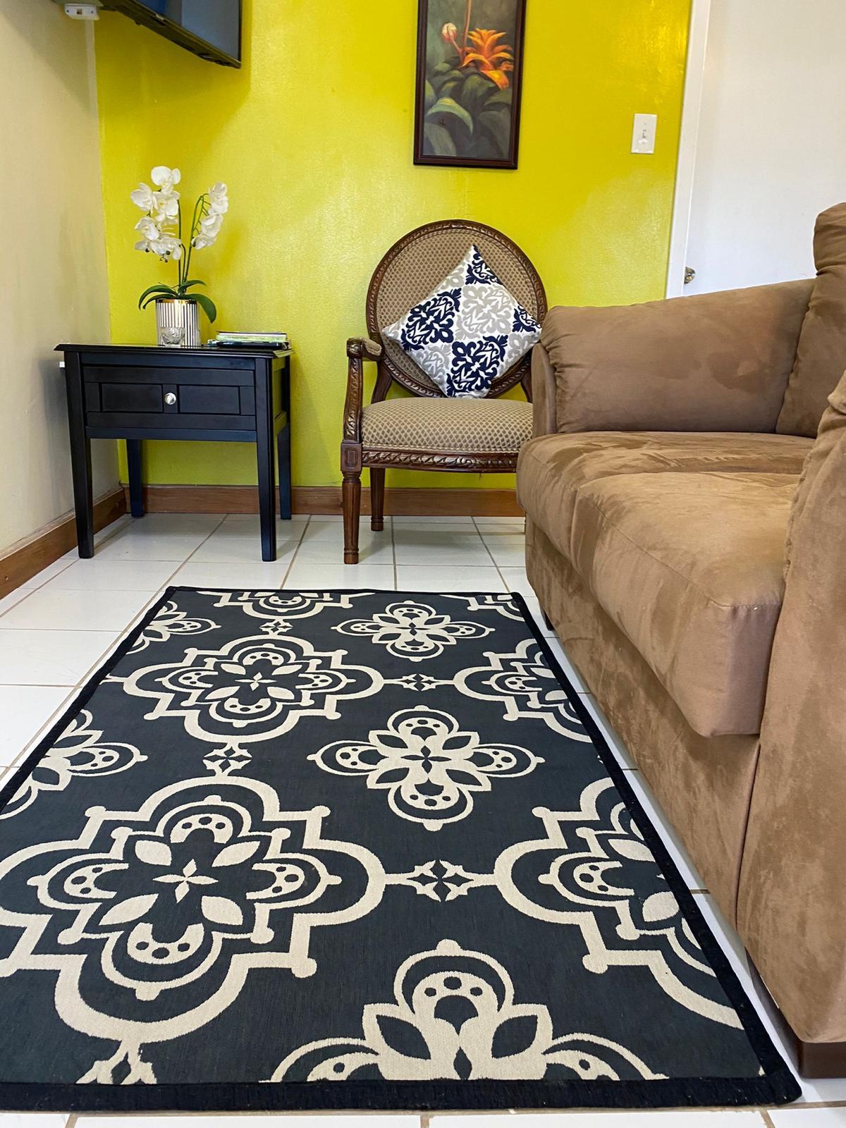 Living room Furnished living room with sofa, armchair and wall mounted TV in a 1 bedroom apartment for rent at Crescent Hill, Basseterre, St. Kitts