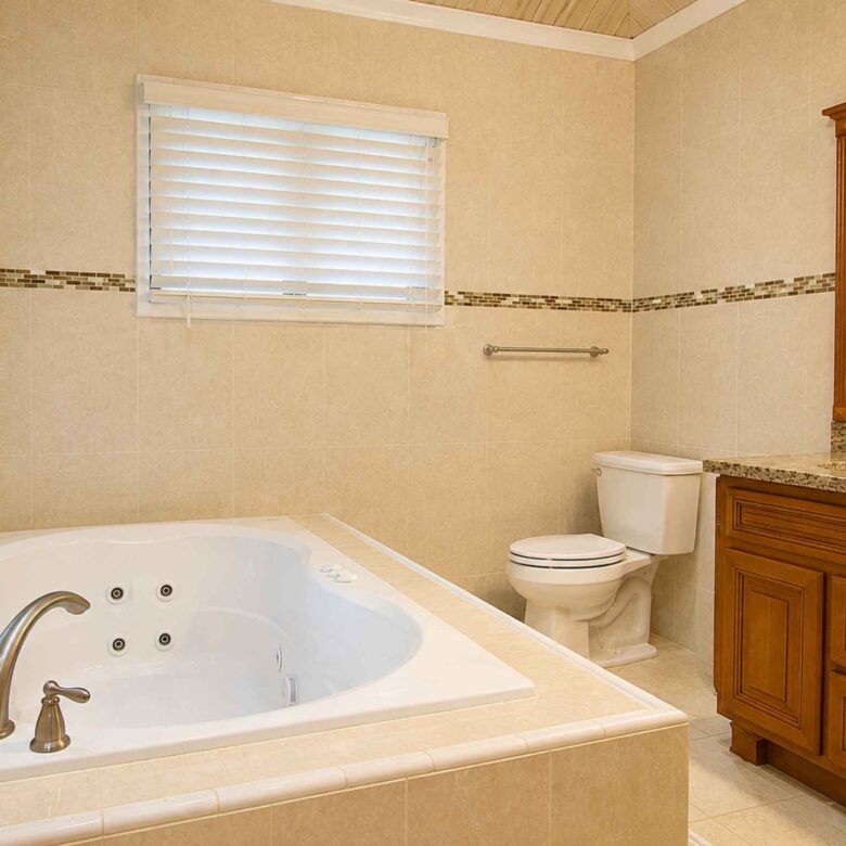 Primary bathroom with jetted tub, toilet, granite vanity and a mosaic tile border