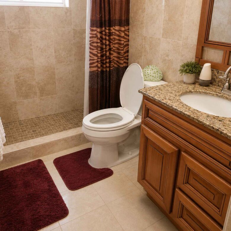 Ensuite bathroom with a tiled walk-in shower, granite vanity and framed mirror