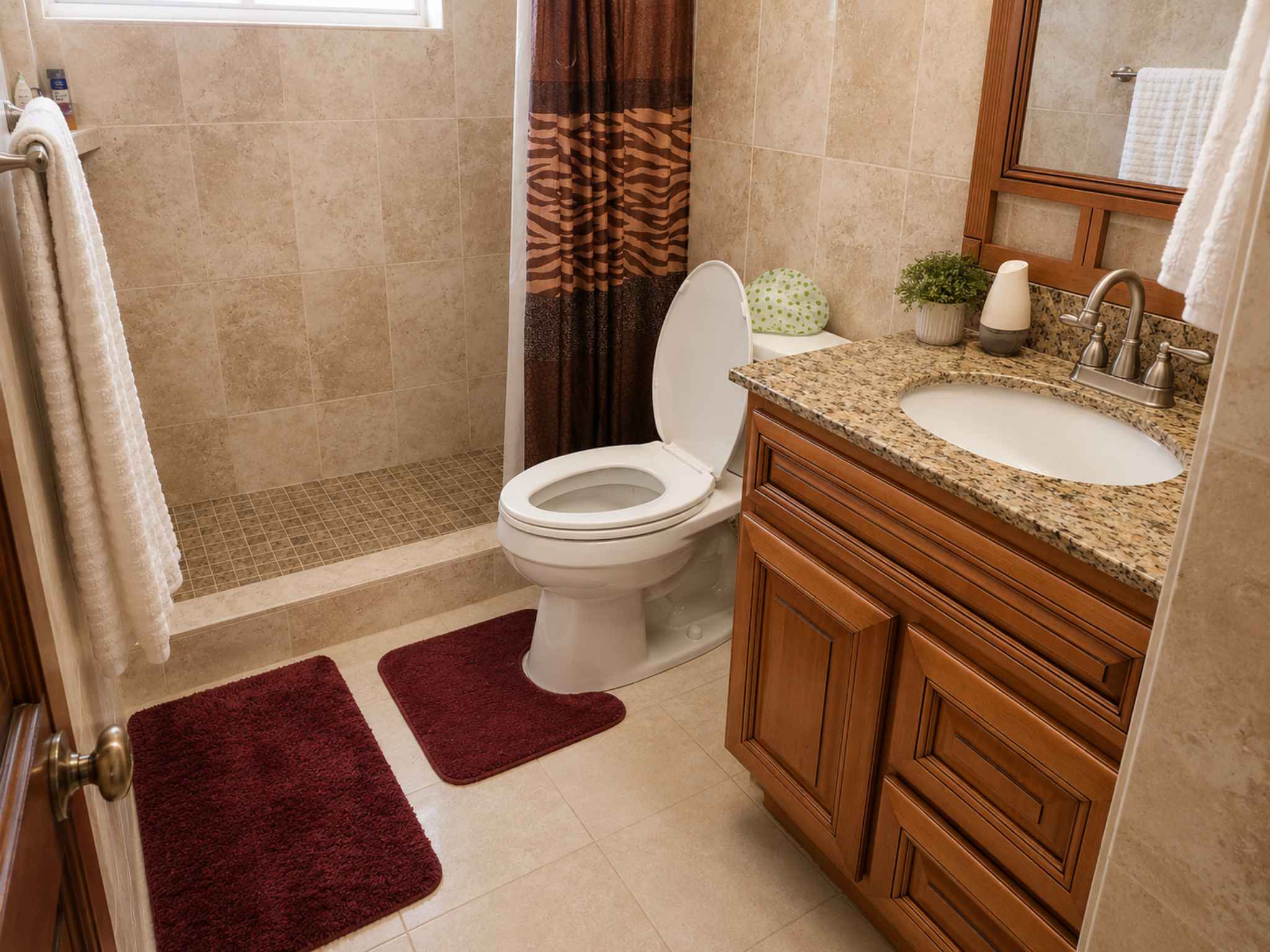 Ensuite bathroom with a tiled walk-in shower, granite vanity and framed mirror