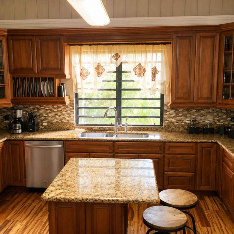 Kitchen with a double sink beneath a window, granite island, glass-front cabinets and plate storage