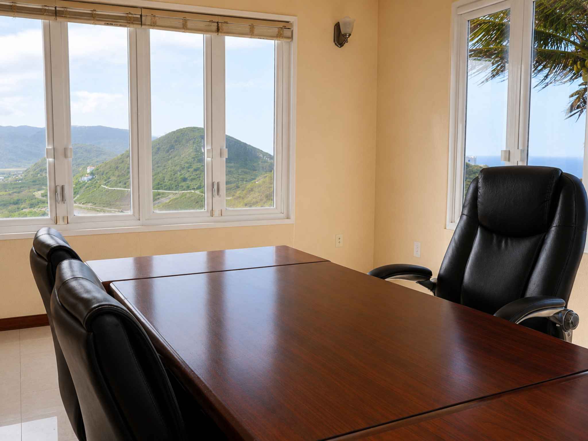 Executive office with a large desk and leather chairs, windows framing hillside and ocean views