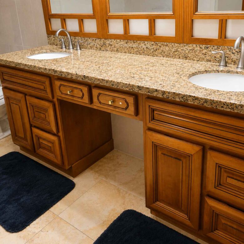 Primary bathroom double vanity with granite countertop, two basins and timber cabinetry