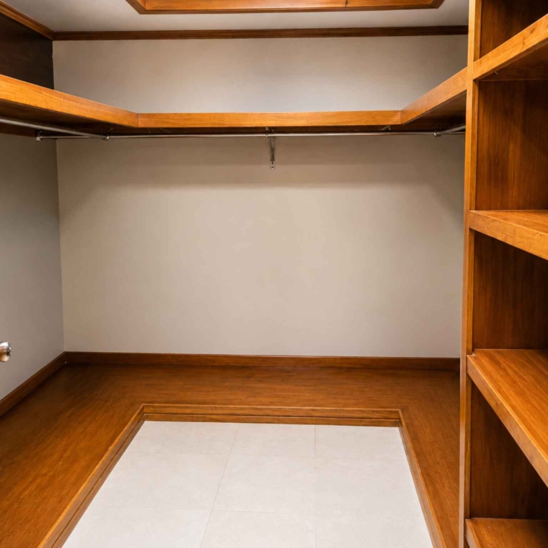 Walk-in closet fitted with timber shelving and hanging rails on multiple sides