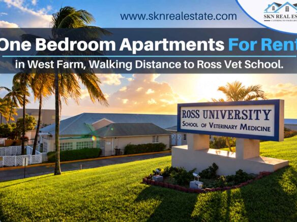 One bedroom apartments for rent in West Farm, St Kitts, walking distance to Ross Vet School, with the Ross University sign at sunset