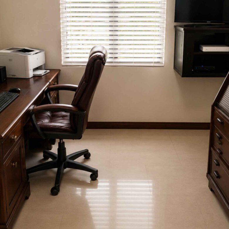 Second office with a timber desk, office chair, printer and wall-mounted television