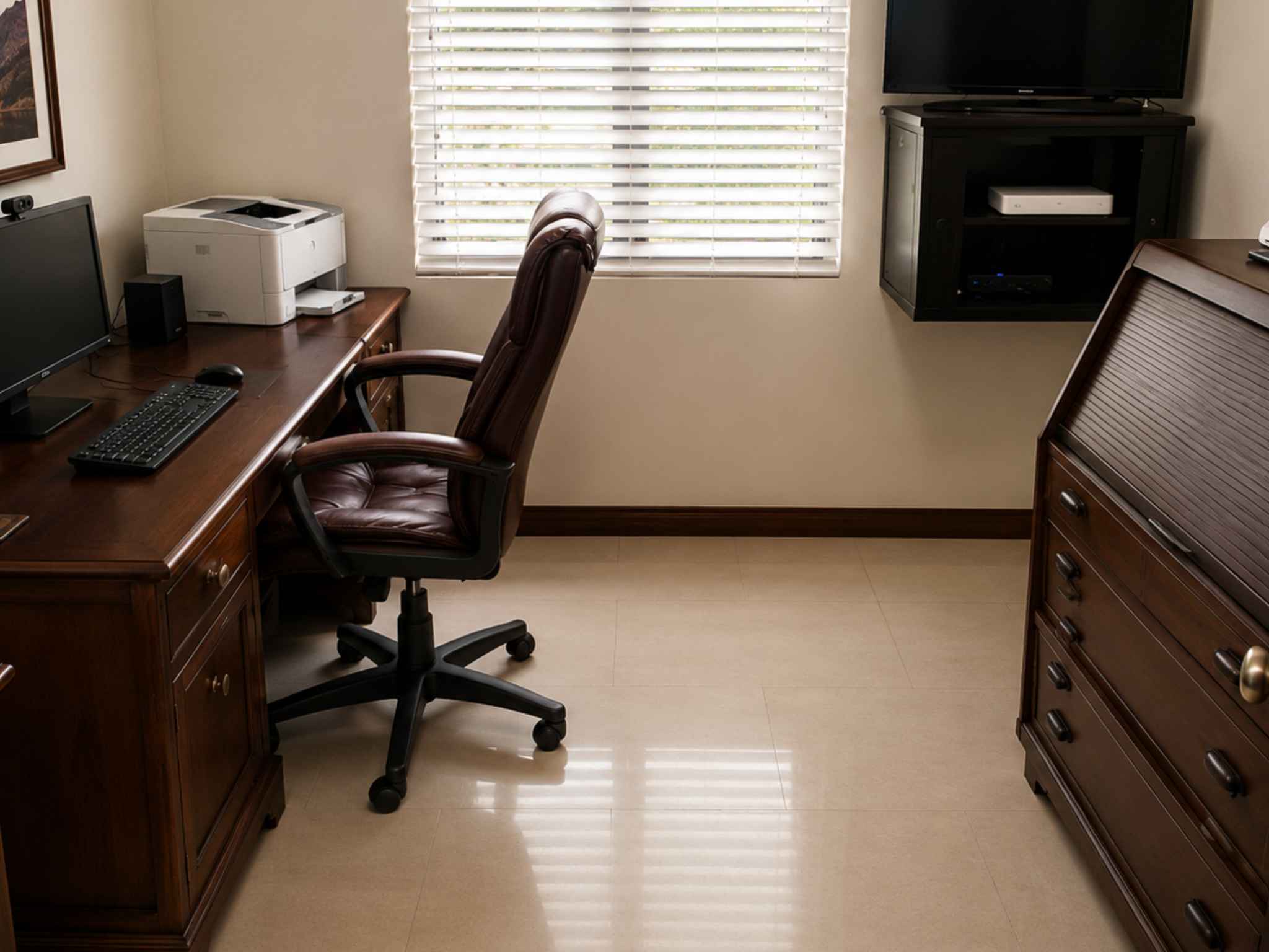 Second office with a timber desk, office chair, printer and wall-mounted television