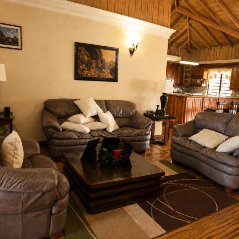 Living area with leather sofas around a low table, kitchen bar visible beyond